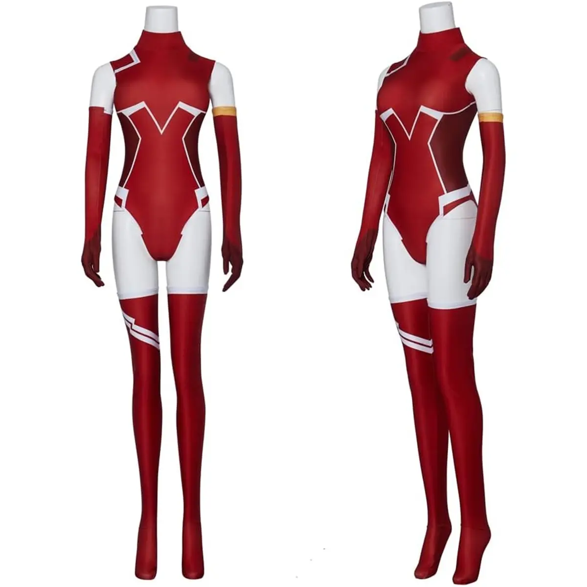 Women‘s Zero Two Cosplay Costume Red Spandex Bodysuit Jumpsuit with Gloves and Stockings