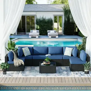 Walsunny 7 Pieces Patio Furniture Set, Outdoor Sofa Garden Conversation Bistro Sets for Yard, Pool or Backyard, Black, Deep Blue