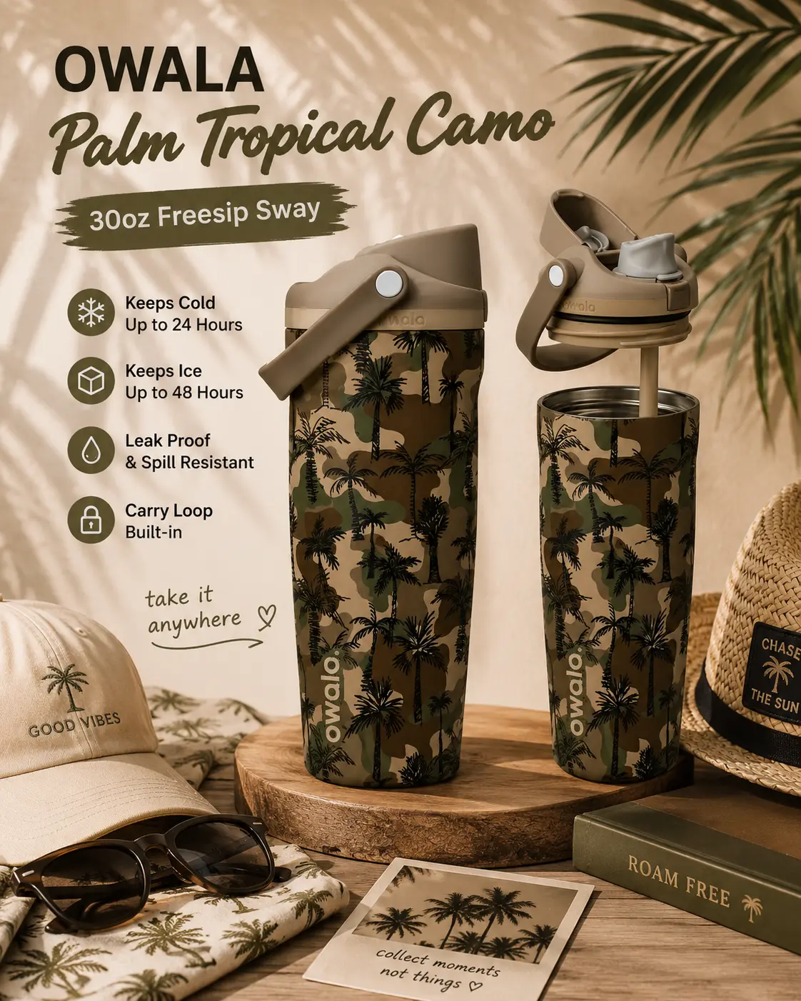 Owala Palm Tropical Camo 30oz Freesip Sway Vacuum Flask - Stylish Portable Water Bottle, 24-Hour Insulation, Lockable Lid, Suitable For Travel, Gift For Him