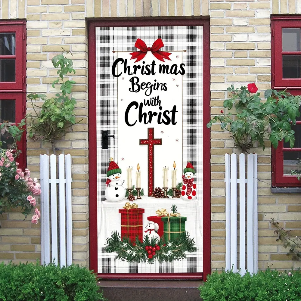 2pcs   Christmas Begins with Christ Religious Wall Decal - Plaid Background with Cross Candles Snowmen Gifts Pine Wreath Design, Xmas Religious Decor for Home Door Living Room Church, Festive Chri
