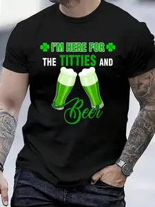 100% Cotton I'm Here For The Titties And Beer Funny St. Patrick's Day T-Shirt Women's Men's Graphic Tee Crew Neck summer vacation Tops