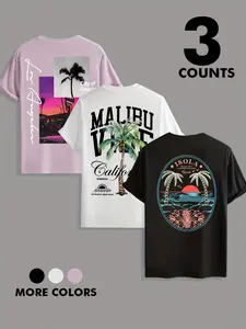 Men's California Vacation Graphic T-Shirt Set, 3-Pack LA Street, Malibu Sunset, Palm, Tropical Print Tees, Retro Vintage Casual Short Sleeve Tops, Perfect for Vacation, Outdoor, Daily Wear, Summer Outfit #springsaledeals2026 #summeroutfits