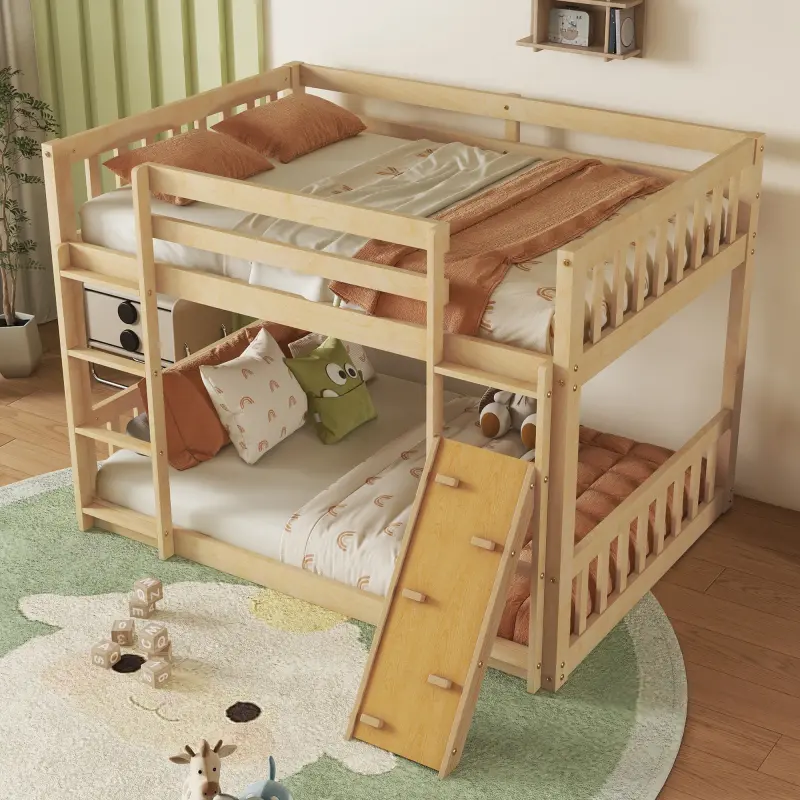 Twin Over Twin Floor Bunk Bed, Playhouse Floor Bunk Bed with Climbing Ramp, Ladder, Safety Guardrails,Natural
