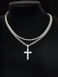 Hip Hop Twist Chain Necklace & Rhinestone Cross Pendant Set | Stainless Steel Matching Jewelry for Men & Women | Best Friend Birthday Gift  | Streetwear Accessories for Back to School & Fall Outfits