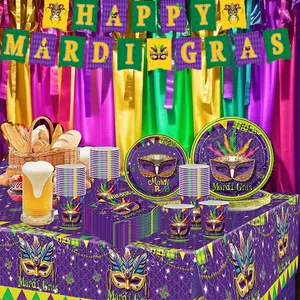 133 Pcs Mardi Gras Carnival Party Supplies Set, Disposable Masquerade Mask Tableware with Plates, Cups, Napkins, Cutlery, Straws & Tablecloth, New Orleans Themed Decor for Fat Tuesday & Carnival Celebrations