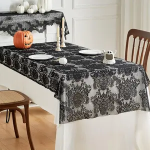 Skull & Floral Pattern Lace Tablecloth, Durable, Easy Maintenance, 1 Count Rectangular Tablecloth, Table Decoration Supplies for Home Kitchen Dining Room Party, Halloween, Table Setting