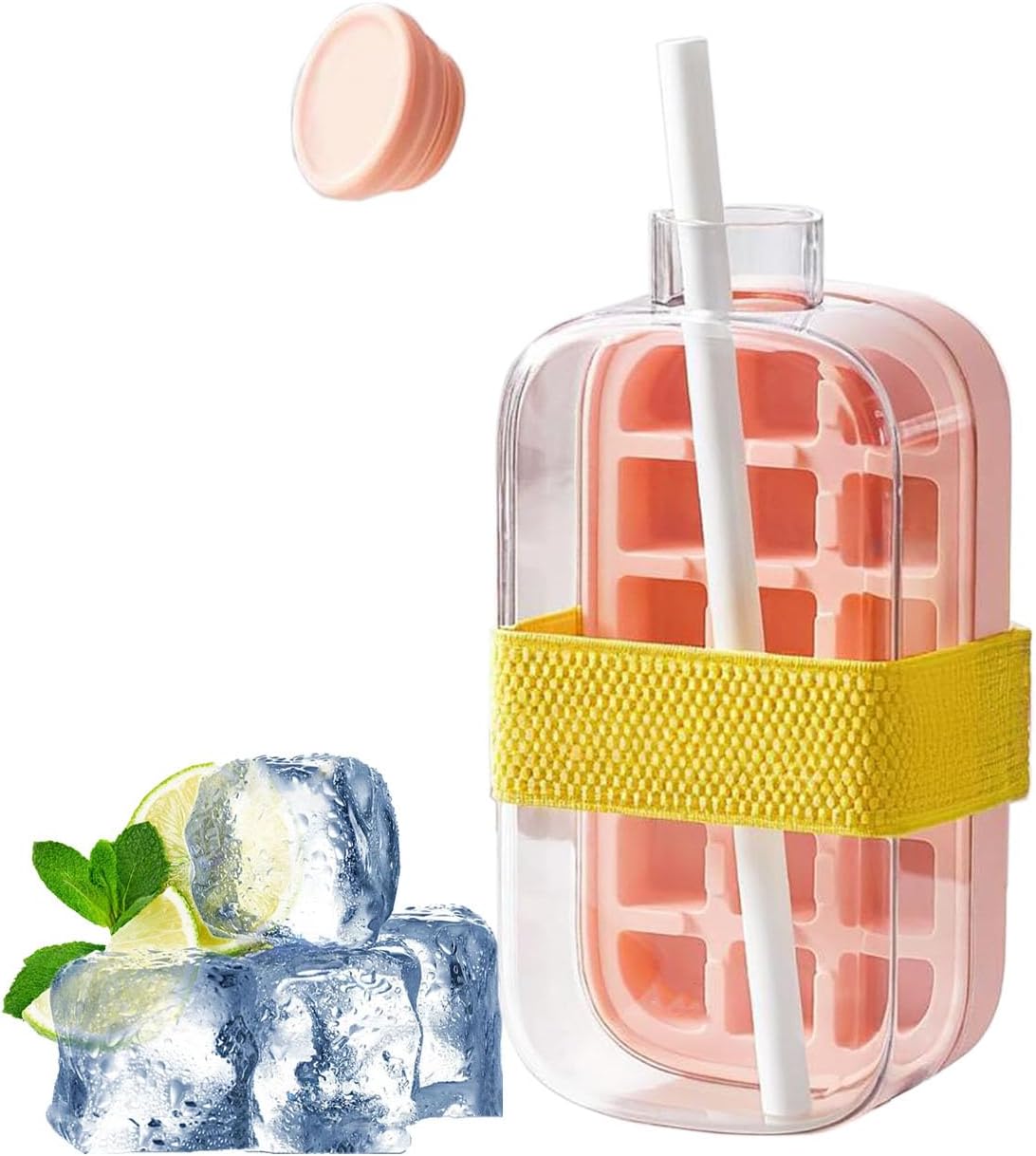 Ice Cube Bottle,2 in 1 Touch-Free Ice Cube Tray Water Bottle with Lid and Bin,Comes with Straw and Carrier,Perfect for Juice,Coffee,Soda and Other Beverages,Easy Press Ice Tray Water Bottle,Leak Proof Lid,Vertical Ice Maker for Freezer,Travel,Gym&Home Use