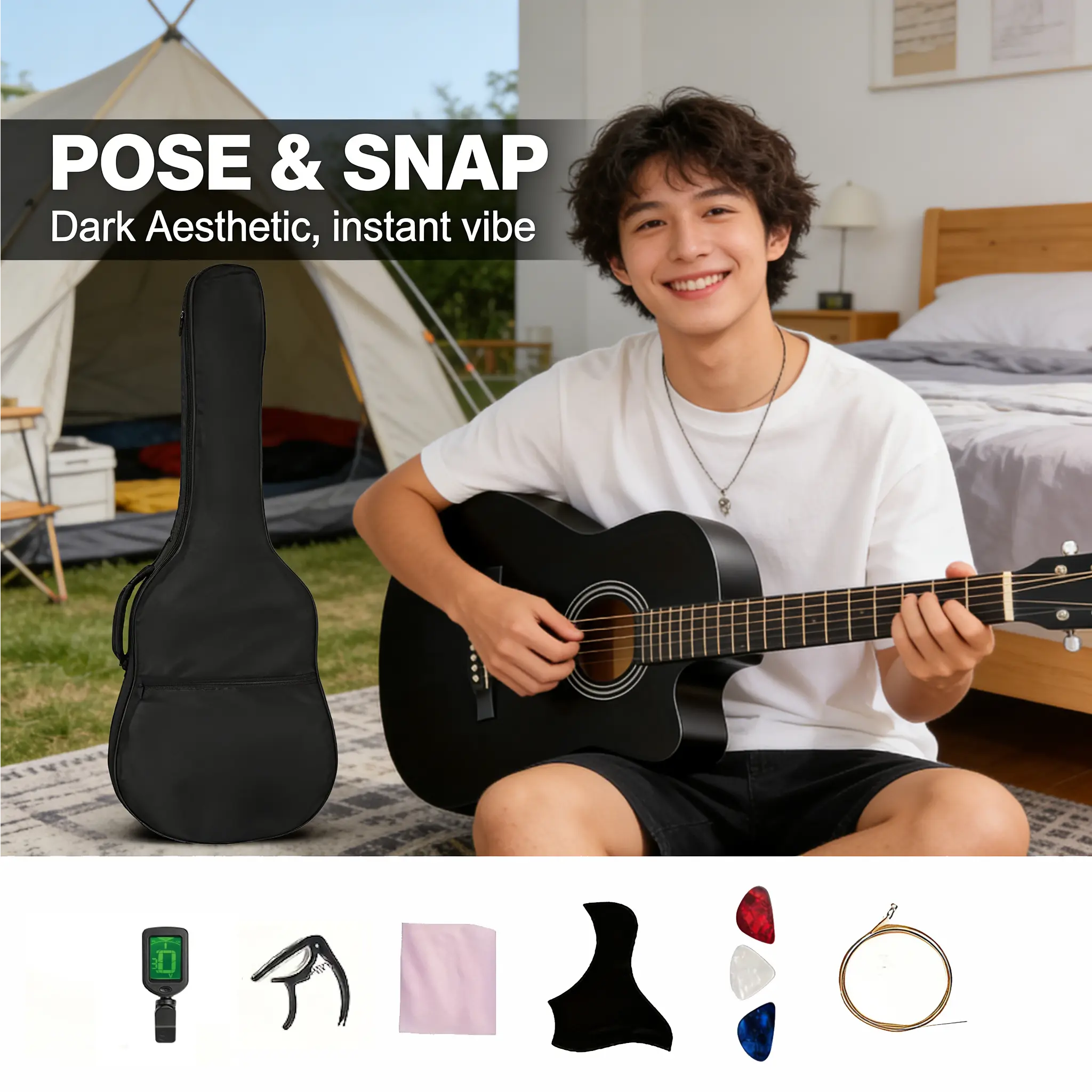 38-inch Beginner Acoustic Guitar (Black, Sunset Finishes) with Complete Starter Kit: Gig Bag, Spare Strings, Cleaning Cloth, Tuner, Capo, Pickguard, Picks