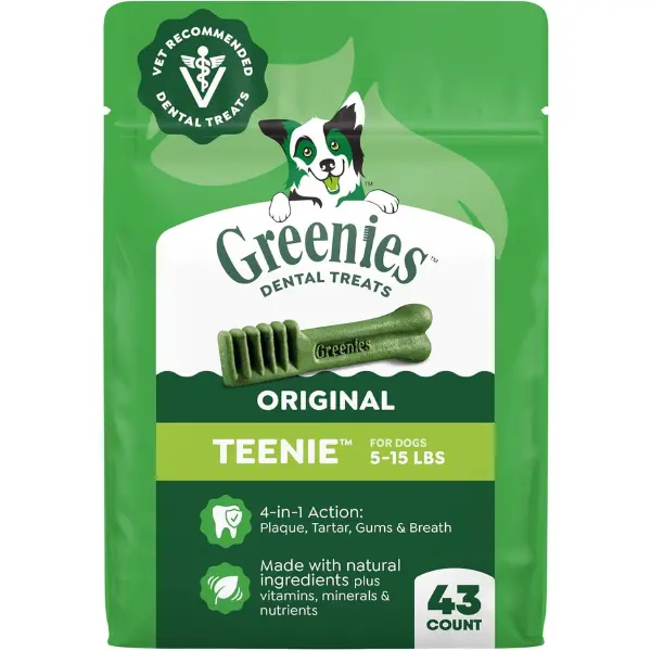 Greenies Veterinarian-Recommended Adult Natural Dental Dog Treats Teenie Size, Dog Dental Chews, Original Flavor, 12 oz. Pack, 43 Count