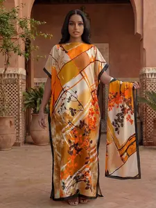 Women's Sexy Plant Print Robe Set, Shawl Scarf Headband, Beach Sun Protection Swimwear Cover Up Satin Silk Wrap, All Seasons Fashion Accessory