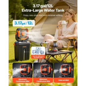 VEVOR Misting Fan, 2400RPM Motor Camping Misting Fan, Mister Cooling Fans with 3.17 gal Water Tank, 20000mAh Battery, 4-Speed Wind 3 Lighting Modes, Water Cooling Fans for Indoor, Outdoor, Patio