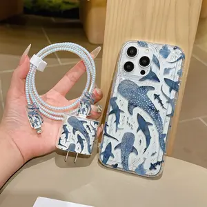 6-Piece Set Transparent Shark Pattern Phone Case, Shockproof Protective Cover for Smartphone iPhone 15/16 Series, Includes Charging Head & Cable Protectors, Accessories