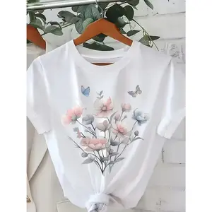 Women'S Watercolor Floral Butterfly Short Sleeve T-Shirt |   Chic Crew Neck, Floral Gradient Print, Versatile Daily Commute Top