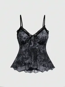 Hippie Plus Size Vintage Boho Paisley & Floral Print Lace Patchwork Ribbon Tie Asymmetrical Hem Cami Top, Summer