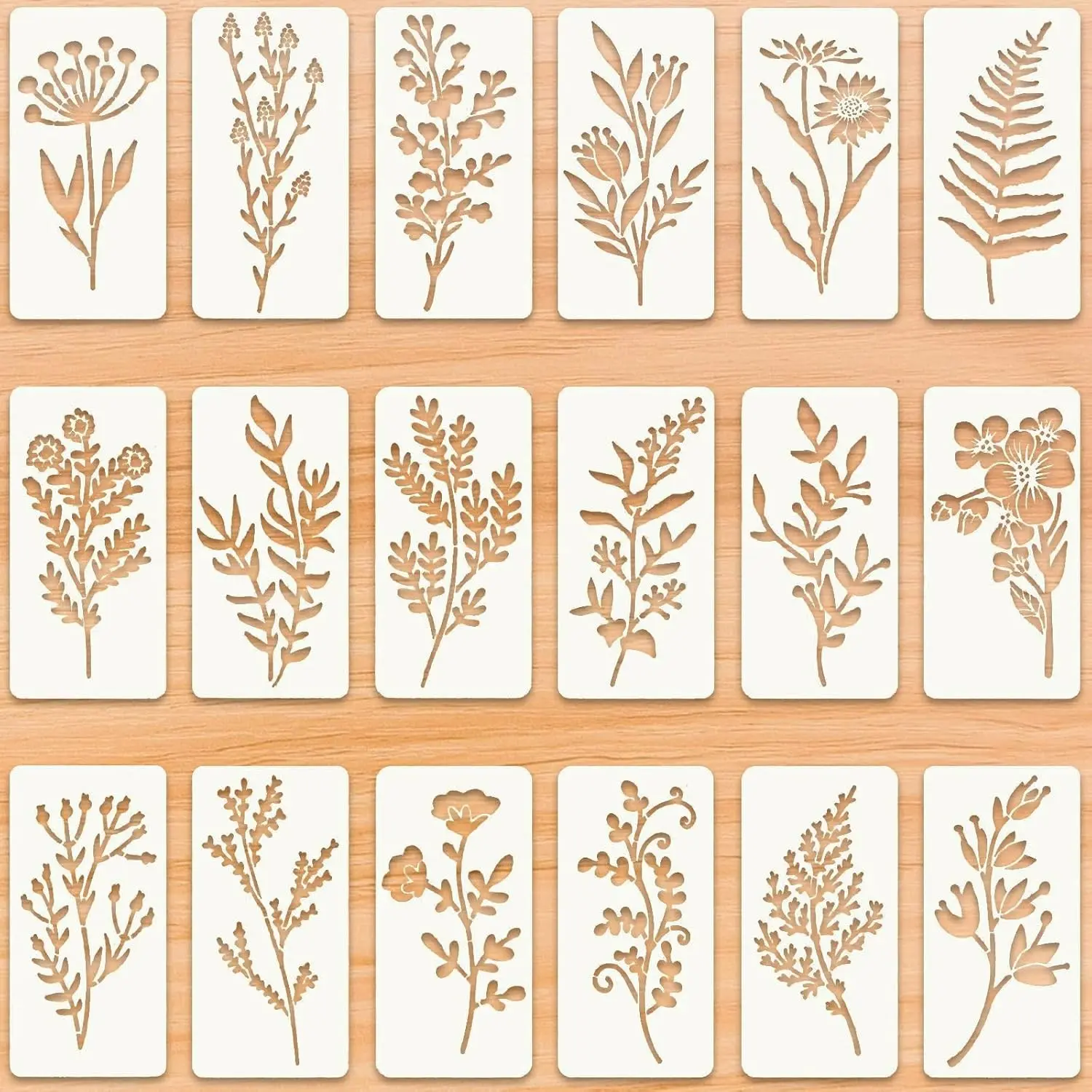 18pcs Reusable Floral Painting Templates, DIY Craft Stencils for Wood, Walls, Furniture, Wild Grass Flower Art Design Tools, DIY Painting Supplies