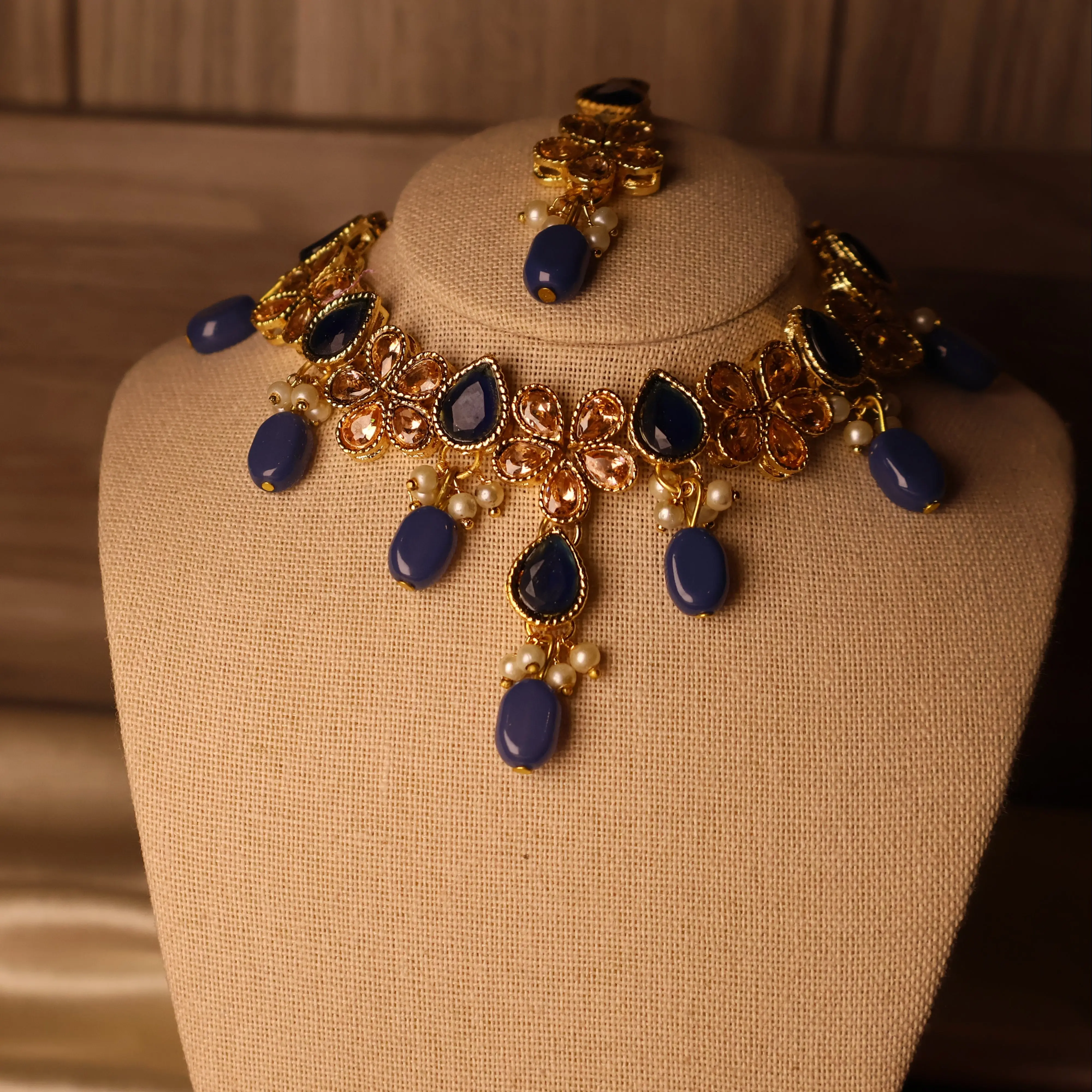 HEERA in Blue Kundan Choker Necklace Set with Tikka & Earrings | South Asian Indian Pakistani Bridal & Festive Jewelry