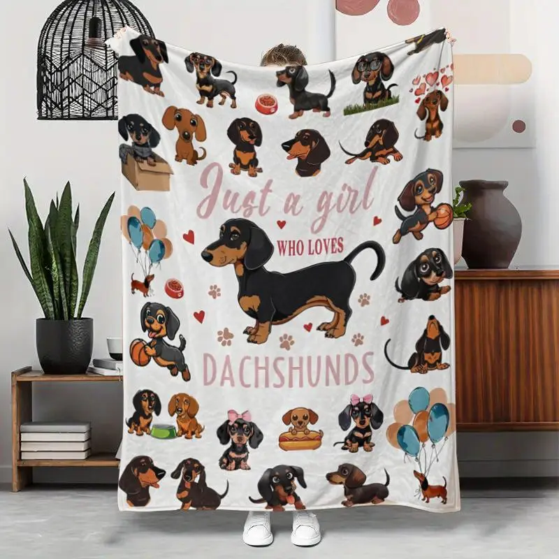 Cute Dachshund Pattern Blanket, Figure Print Blanket, Casual Soft Throw Blanket, Air-conditioned Room Blanket, Warm Nap Blanket for Home & Office, Soft Cozy Blanket, Soft Warming Blanket, Warm Napping Blanket, Printed Blankets, Soft Throws Blanket