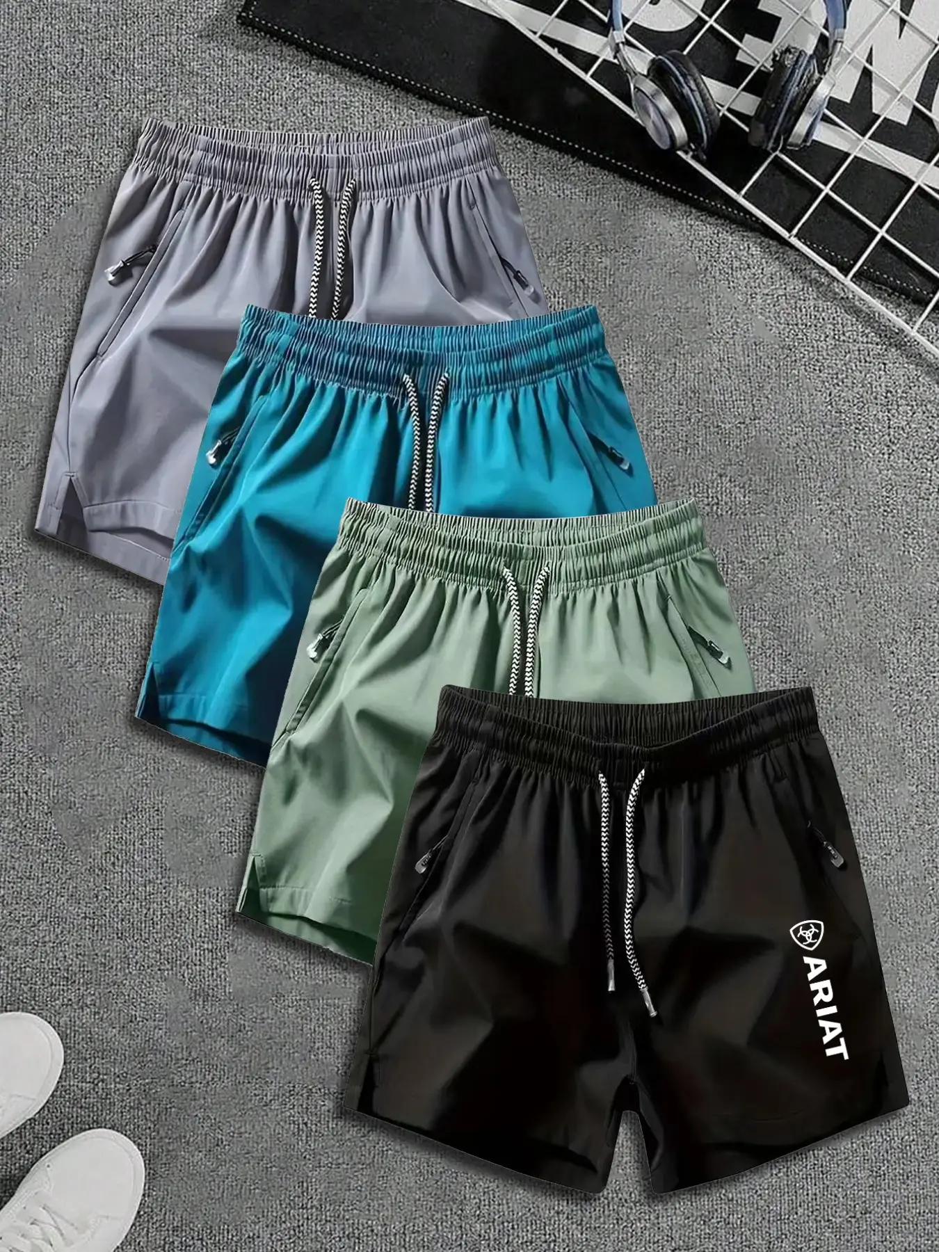 4-Piece Retro Workwear Shorts Set, Ariat Letter Shield Print, Breathable Ice Feel, Unisex Sporty Activewear Style, All-Season Slim Fit