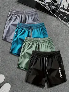 4-Piece Retro Workwear Shorts Set, Ariat Letter Shield Print, Breathable Ice Feel, Unisex Sporty Style, All-Season Slim Fit
