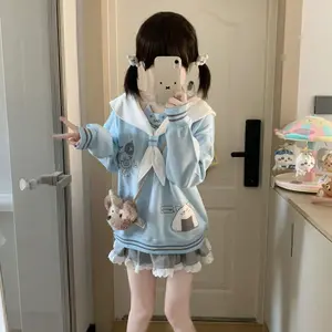 2025 Japanese Cute Cartoon Print Sailor Collar Patchwork Sweatshirt Women Autumn Loose Long Sleeve Tops Hoodie winter