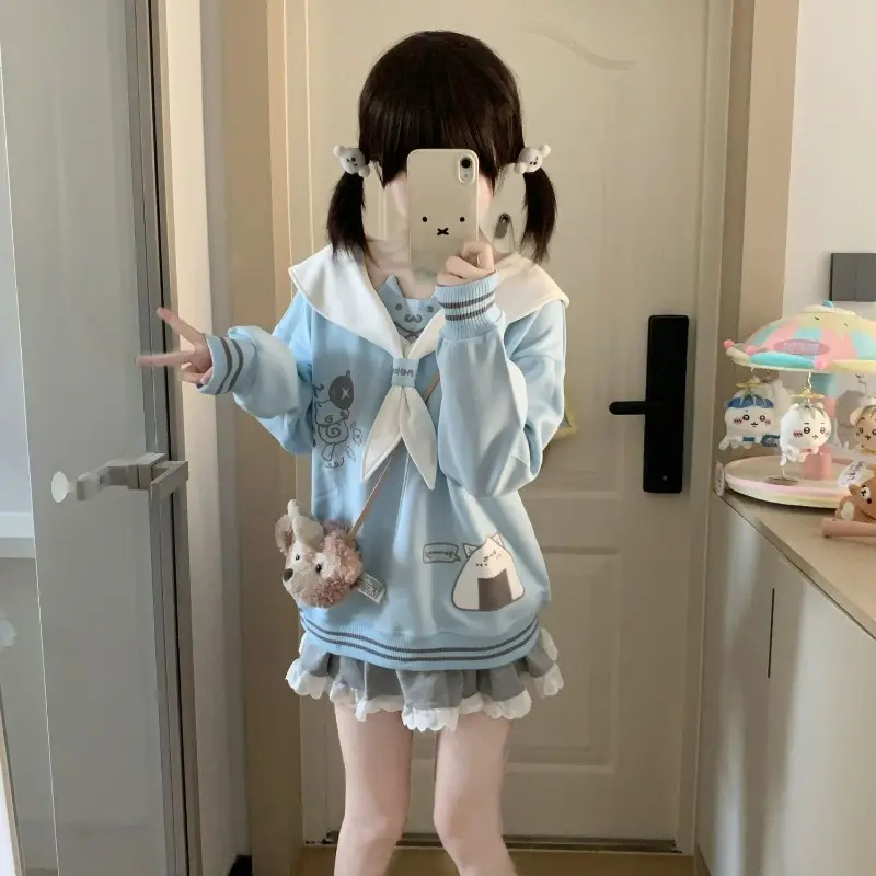 Casual Warm Sweatshirt for Women with Sailor Collar, Japanese Cute Cartoon Print and Patchwork Long Sleeves, Clothes, Casual Pullover Tops, Longsleeves