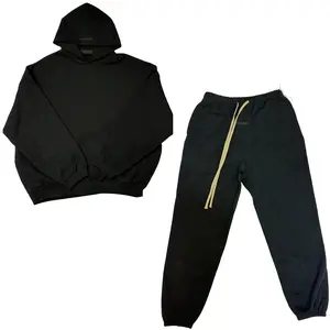 2024 Fleece Black Hoodies Set - Pullover Hoodie & Jogger Pants  with Creamy Drawstrings Street Style Comfortable Warm Unisex Style