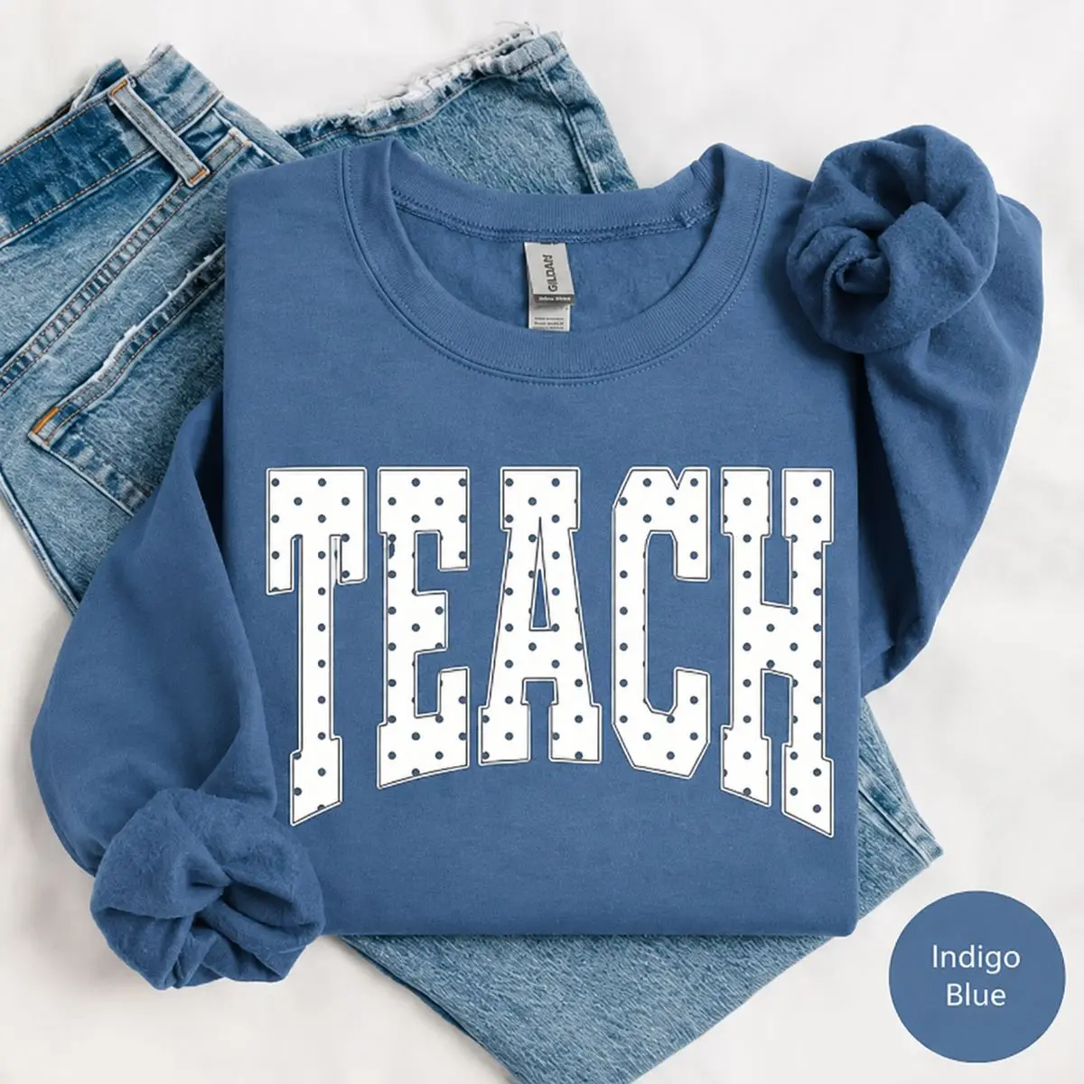 Teach For Teacher Sweatshirt, Blue Polka Dot Educator Sweater, Cottagecore Teacher Graphic Crewneck, Kindergarten Teacher Gift.