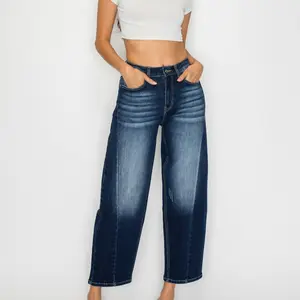 PREJEAN Women's High-Waist Curved-Cut Jeans Stretchy Slimming Denim Pants Comfortable Fit for Everyday Wear