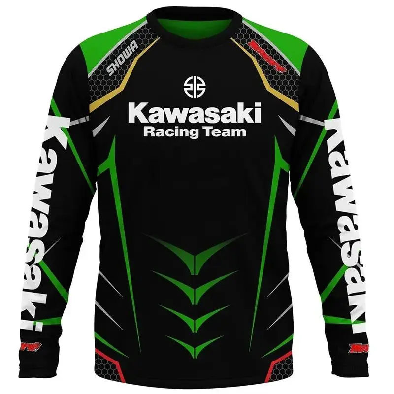 Kawasaki Racing Team Long Sleeve Jersey | Green & Black Motocross Dirt Bike Shirt, Showa Sublimation Sport Racing Apparel