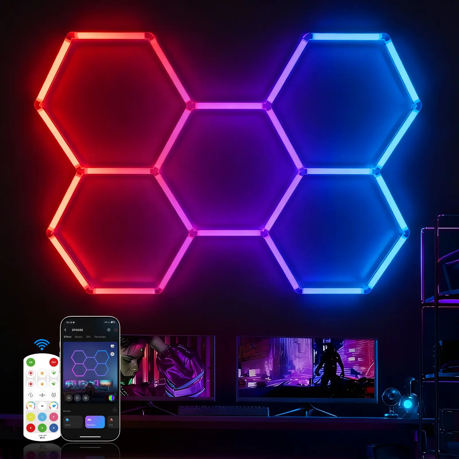 Ipackorin  RGB Hexagonal Honeycomb Light, Modular Garage Light System, Smart LED Hexagon Garage Lights for Ceiling or Wall, DIY Color Lighting Panels Music Sync, Remote Control, Decorative Honeycomb Light Garage, Gaming Room, Party