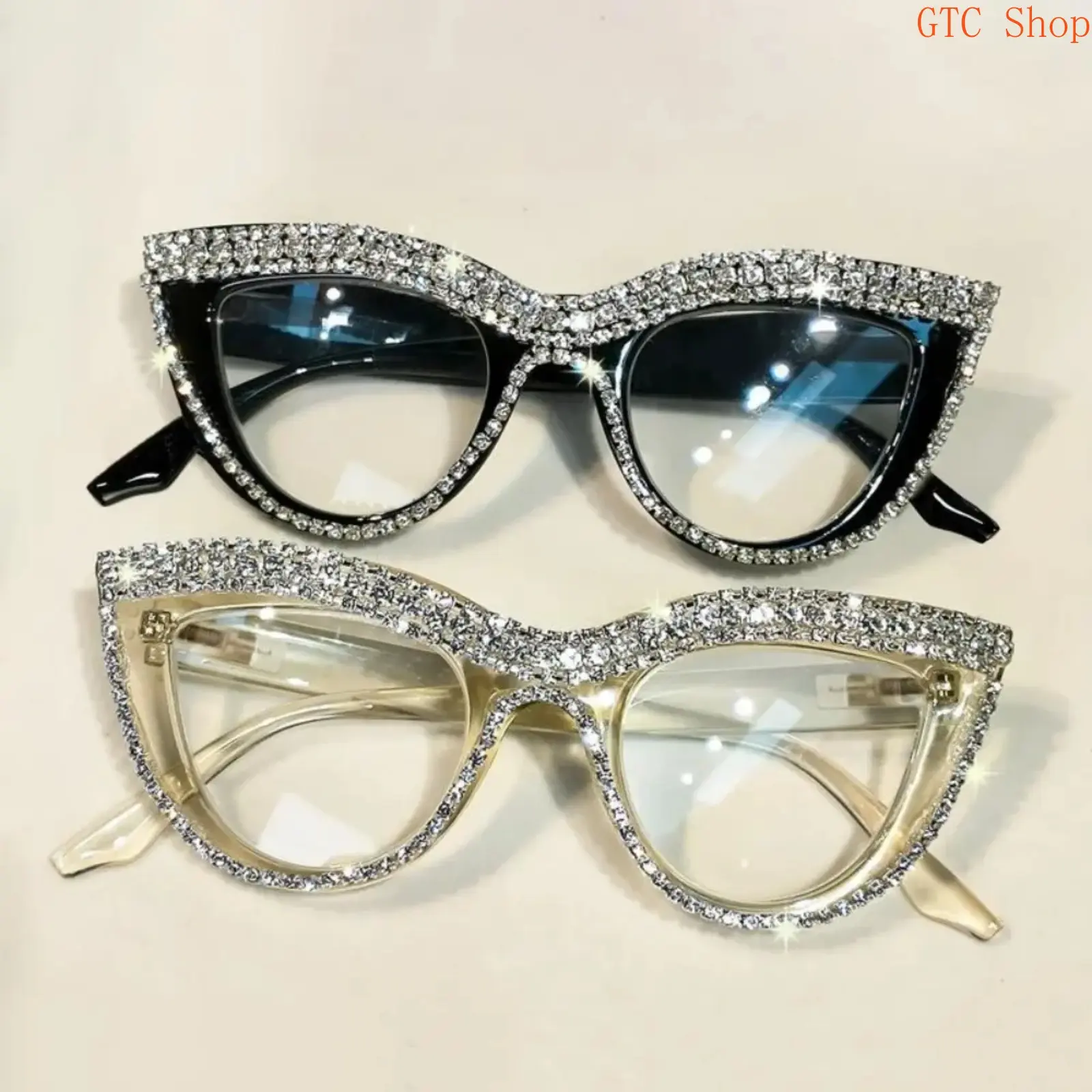 Women's 2-Pack Glamorous Sports Eyewear, Cat Eye Rhinestone Glasses Set, Blue Light Protection Polycarbonate Lenses, Crystal-Inlaid Full Rim Frame, Black Translucent Versatile Shades, Daily Office Casual Decorative Accessory