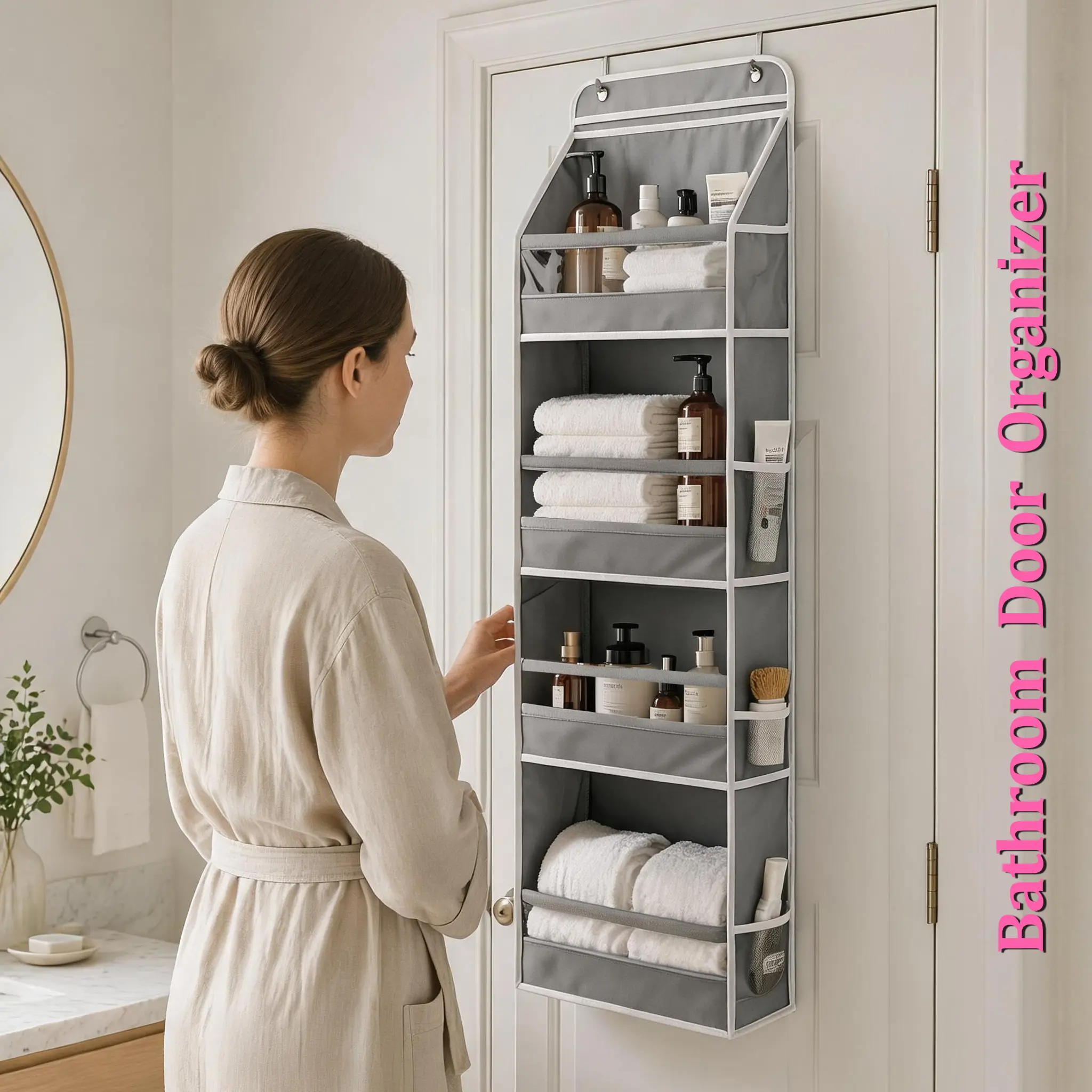 Bathroom Door Hanging Organizer, Over the Door Nursery Organizer with 10 Large Mesh Pockets, Clear Windows, 2 Hooks, 60 lb Capacity, Baby Door Organizer, Space Saving, Hangs on the Door with No Issues, Pantry Door Storage Organizer, Closet Organization