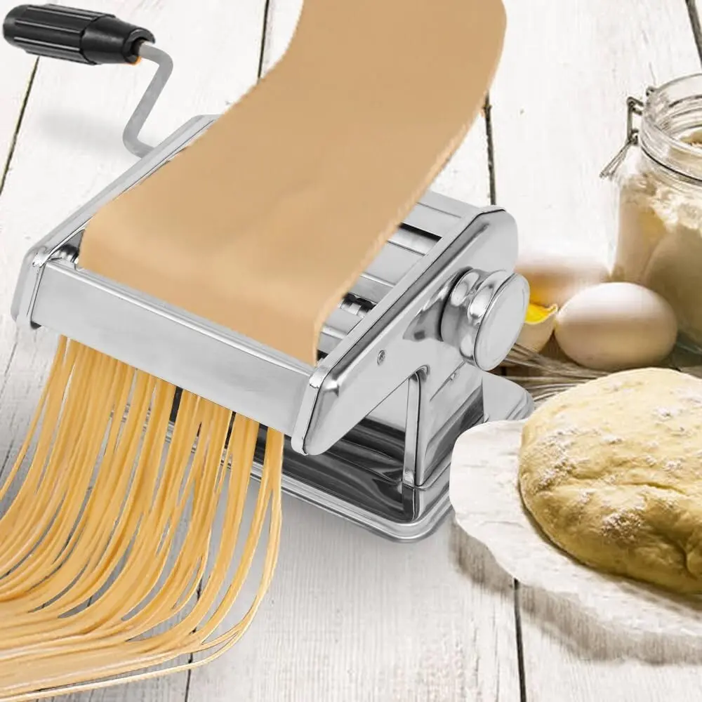 Pasta Maker Machine, Stainless Steel Pasta Machine Manual Roller Pasta Maker with 6 Thickness Settings for Spaghetti Linguine Fettuccine Lasagne, Includes Dough Cutter & Hand Crank
