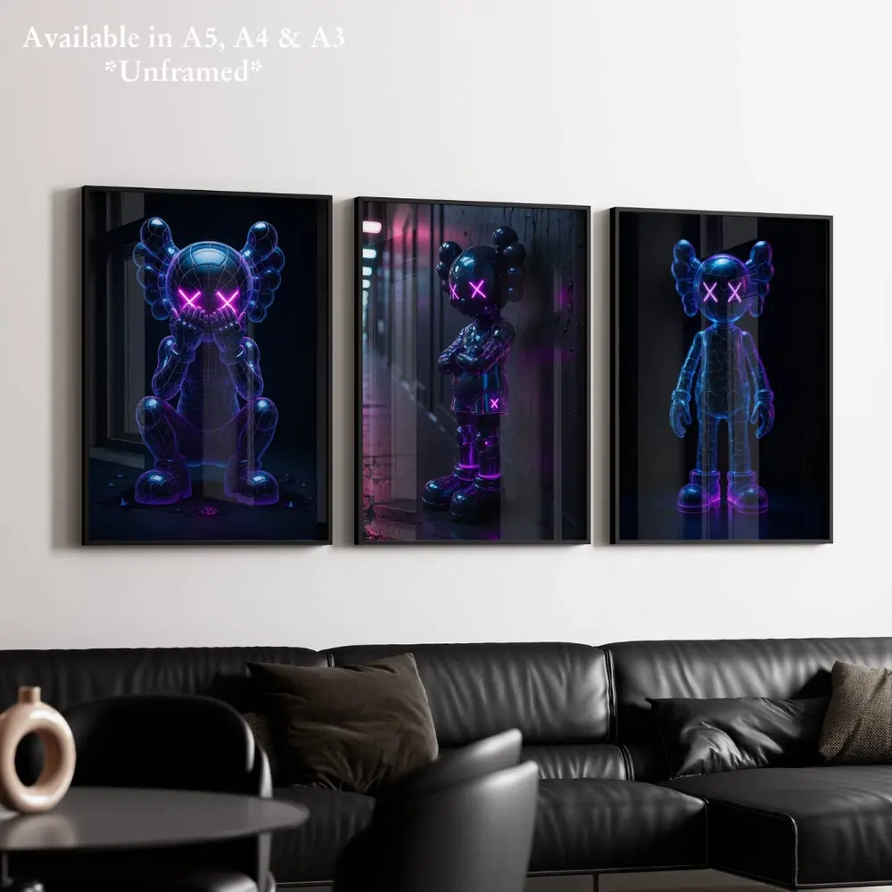 Set of 3 Neon Kaws Exhibition Posters Black Hypebeast Figure Wall Art