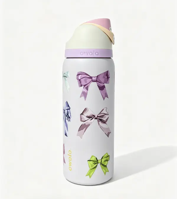 Owala 32oz Bow Print Stainless Steel Water Bottle - Spill-Proof Leak-Proof Wide Mouth Lid, 24H Cold Insulation Drinkware, Stylish Flasks, Portable Vacuum Flask for Summer Travel Kitchenware, Water Bottles