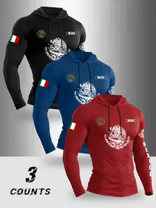 Men's Spring Fall Thin Hooded Long Sleeve T-Shirt Set, Mexico Flag Letter Print, Comfortable Elastic Fabric, Outdoor Fitness Wear, Athletic Sports Clothing