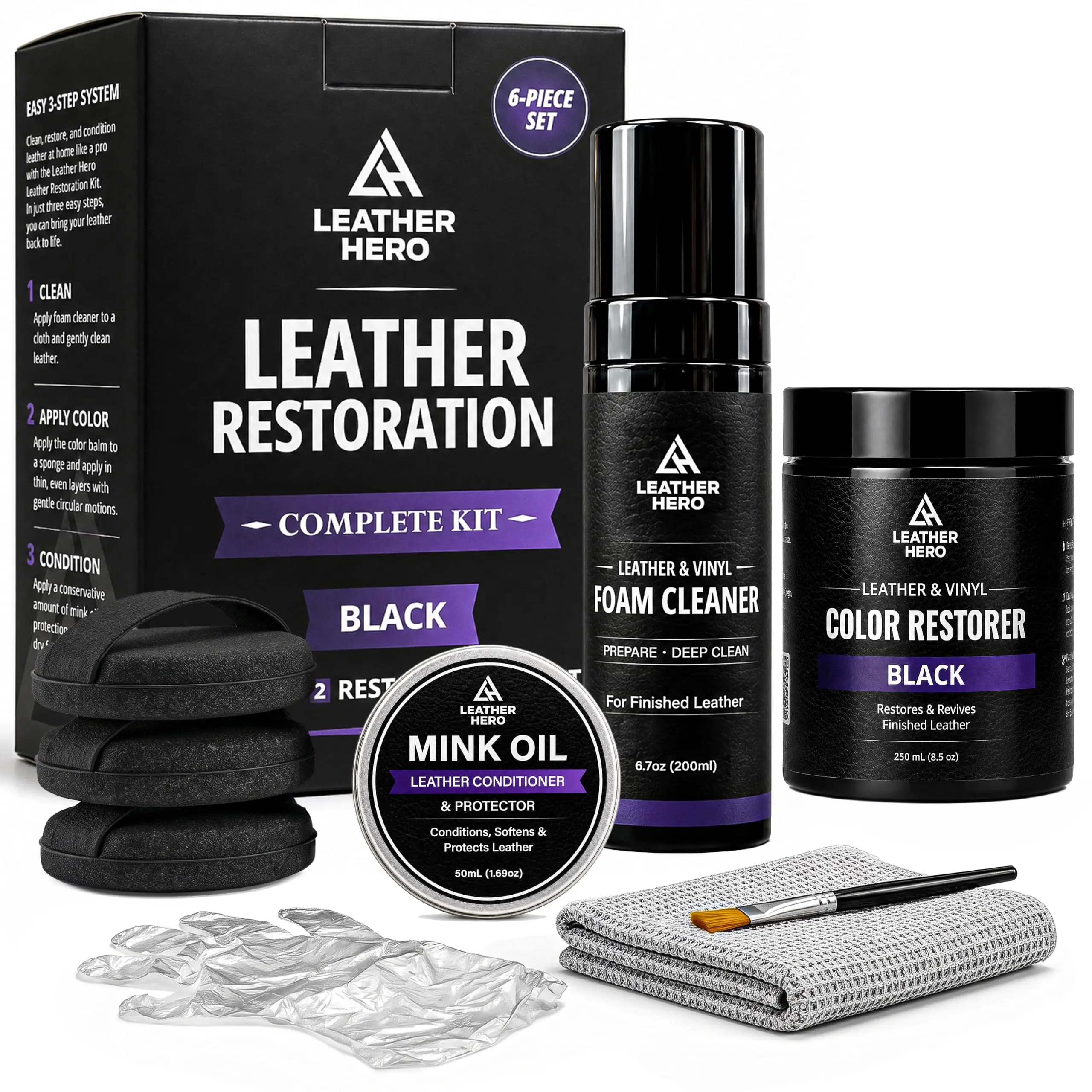Leather Hero Color Restorer Kit - Black Leather Recoloring Balm Leather Dye for Furniture, Couches, Shoes & Vinyl, 9-Piece Leather Repair Kit with Foam Cleaner, Mink Oil & Restoration Accessories