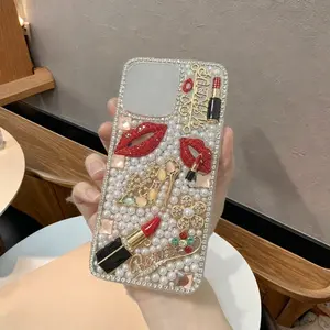 Glam High Heel & Lipstick Bling Pearl Rhinestone Smartphone Casing - Sparkling Protective Cellphone Accessories for 17, 16 Pro Max, 15 Pro & S25 Ultra Devices