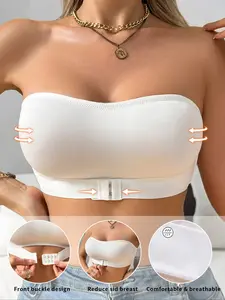 Women's Front Buckle Anti-Slip Lightweight Wireless Strapless Bra, Casual Minimalist Plain Unlined Tube Top, Daily Wear Innerwear, All Seasons Fit Support