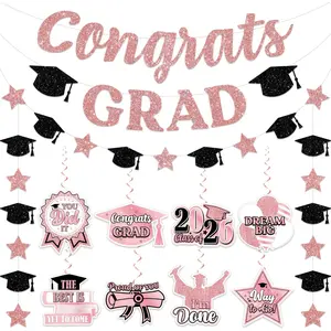 Pink Graduation Decorations 2026, Pink Graduation Party Decorations includes Glitter Congrats Grad Banner Garland, Class of 2026 Hanging Swirls, College or High School 2026 Party