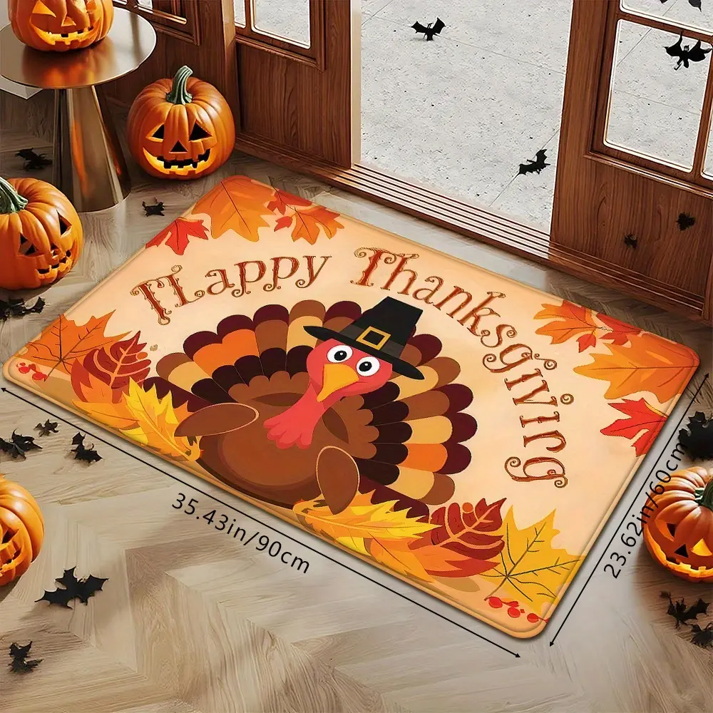 [Thanksgiving Doormat] Thanksgiving Decorative Doormat - 1pc Autumn Theme Cute Turkey Pattern Indoor/Outdoor Door Mat | Non-Slip Durable, Maple Leaf Accents, Soft Absorbent, Home Kitchen Entrance, Bathroom Anti-Slip Mat