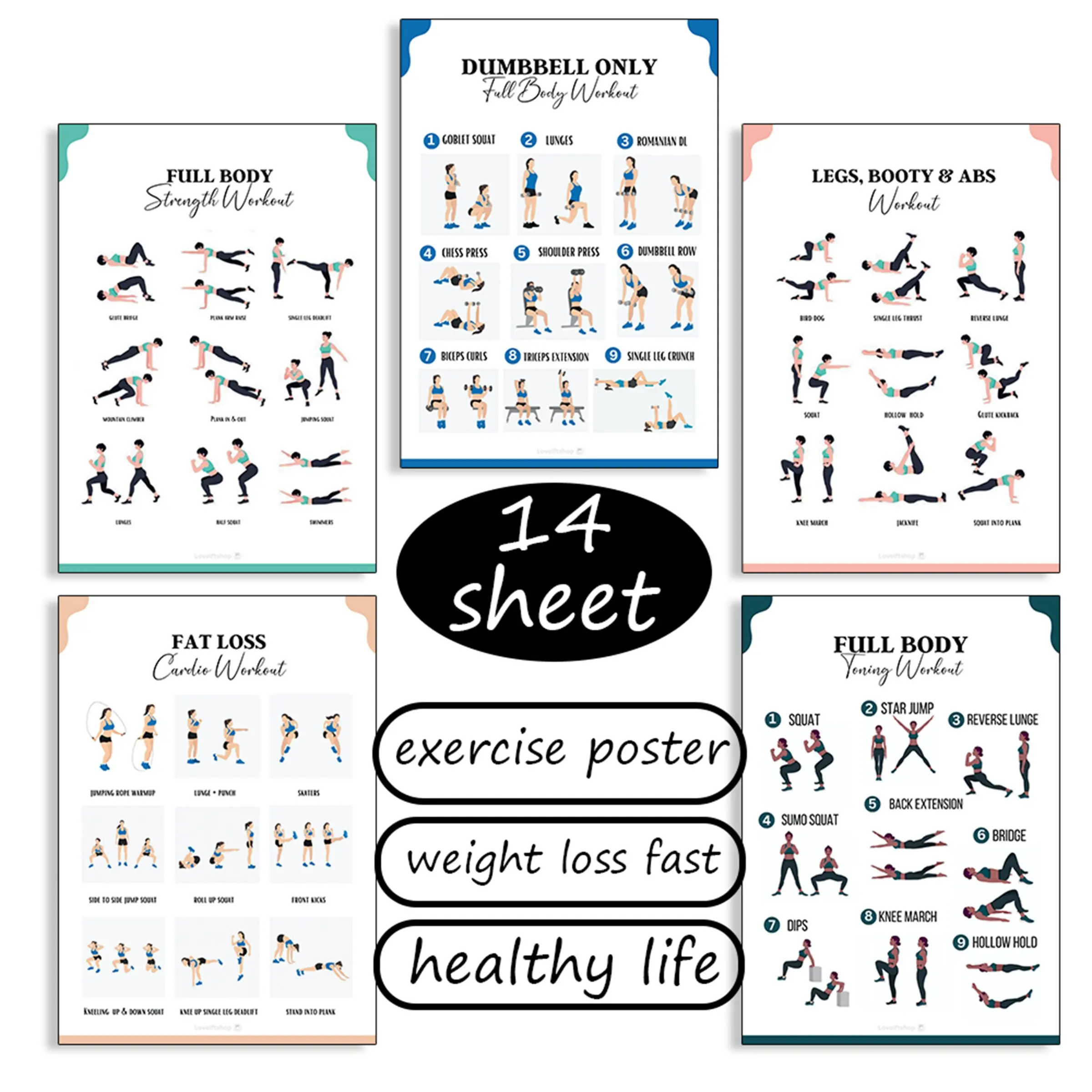 Workout Bundle Poster, 14 Pages Full-Body Fitness Guide for Dumbbell Strength Training, Cardio Exercises, Abs and Stretching - Stay Healthy with Illustrated Exercise Charts and a Daily Workout Tracker Included for Adults Healthy Life