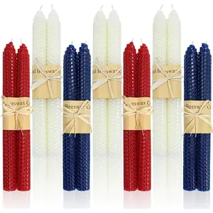 14 Pack Beeswax Taper Candles, Handmade Bees Wax Candles for ,Unscented & Dripless Candle Sticks, 9" Tall, Red,White & Blue Candles by