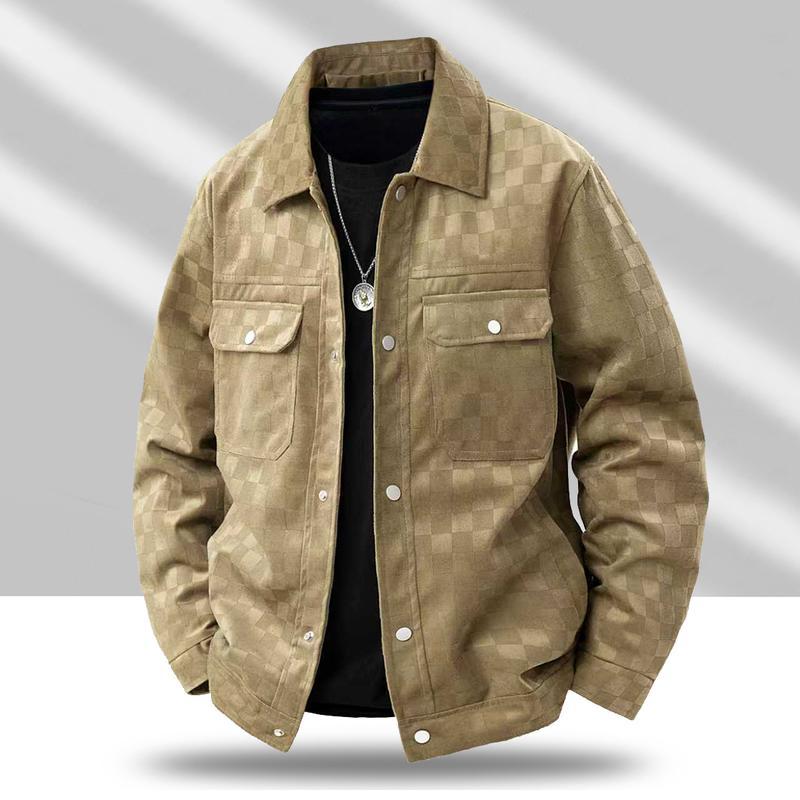 Men's Black Patterned Suede Wool Jacket with Front Flap Pockets and Button Closure, Suitable for Autumn Wear - Fashionable and Practical Top - Aesthetic - Fashion men outfits