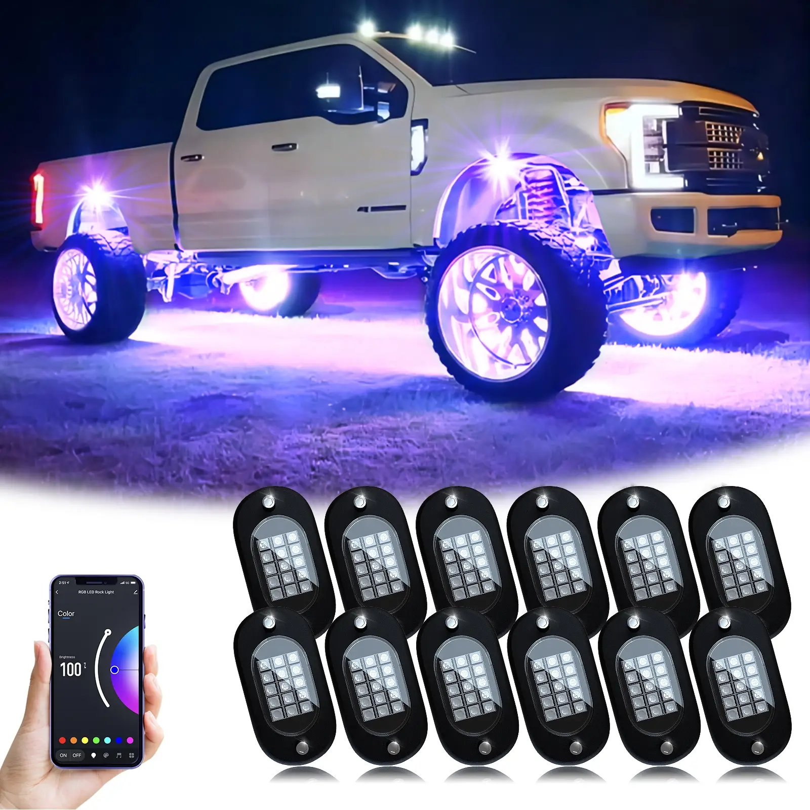 High Quality Car Rock Lights RGB Underglow Decor Light Pods 4/6/8/10/12/14 with Bluetooth-compatible APP Control, Multi-Color Neon, Music Mode, Waterp