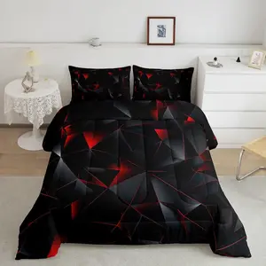 Red and Black Comforter Set Kids Geometric Pattern Bedding Set for Boys Girls Teens Adults,Art Aesthetic Duvet Quilt Breathable Soft Room Decor