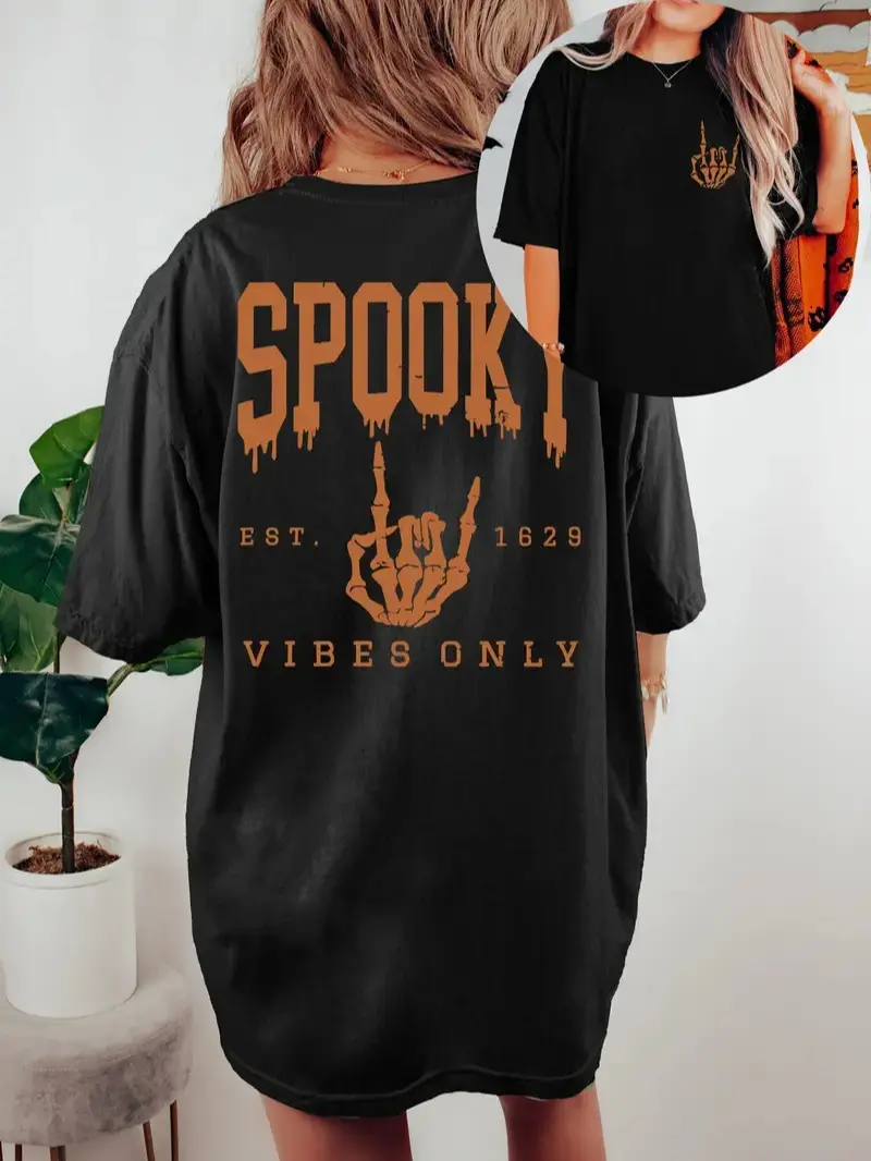 Spooky VIBES Only Print Crew Neck Tee Dress, Casual Short Sleeve Dress For Spring & Summer, Unisex T-Shirt