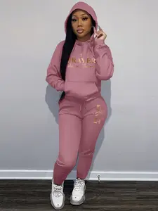 Women's Prayer Letter Print Casual Loose Fit Sweatshirt Set Outfit, Round Neck Long Sleeve Pullover Top + Jogger Pants, Fall & Winter Fashion