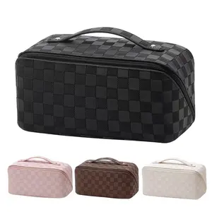 PU Leather Makeup Bag, Large Capacity Checkered Wash Bag, Multi-Functional Waterproof Storage Bag, Portable Travel Organizer