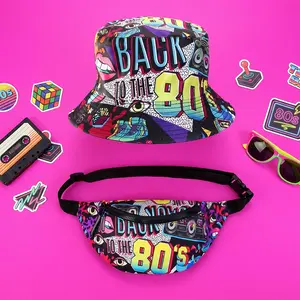 2-Piece 80s Neon Style Set – Adjustable Belt Bag with Zipper + Reversible Hip Hop Graffiti Sun Hat – Unisex for Travel, Party, Outdoor